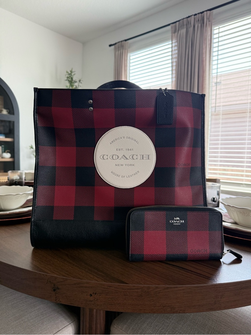 Coach Red and Black Plaid Leather Tote with Matching Wallet
